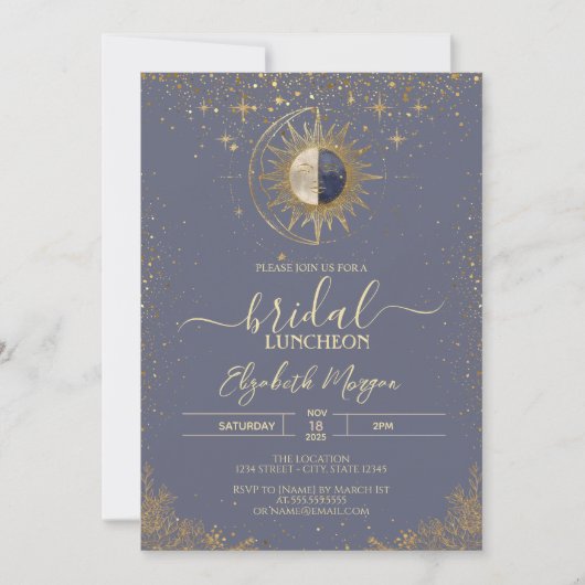 Gold Sun Celestial Stars  Bridal Shower Einladung (Vorderseite)