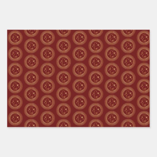 Gold Sun & Moon Faces Celestial Muster Trio Geschenkpapier Set (Vorderseite 3)