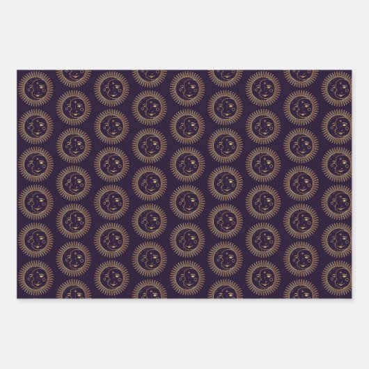 Gold Sun & Moon Faces Celestial Muster Trio Geschenkpapier Set (Vorderseite)