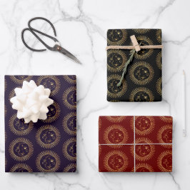 Gold Sun & Moon Faces Celestial Muster Trio Geschenkpapier Set