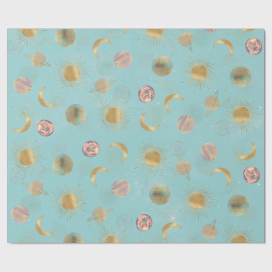 Gold Sun Moon Planets Space Blue Illustration Geschenkpapier (Flach)