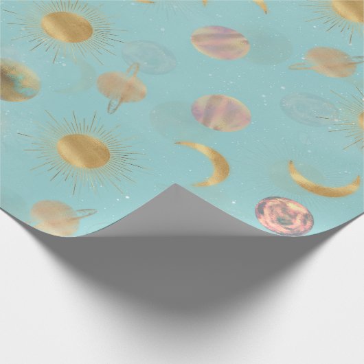 Gold Sun Moon Planets Space Blue Illustration Geschenkpapier (Ecke)