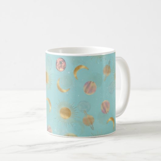 Gold Sun Moon Planets Space Blue Illustration Kaffeetasse (VorderseiteRechts)