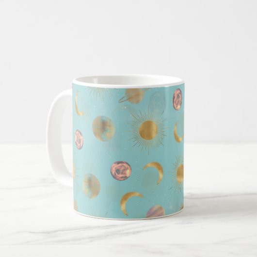 Gold Sun Moon Planets Space Blue Illustration Kaffeetasse (Vorderseite Links)