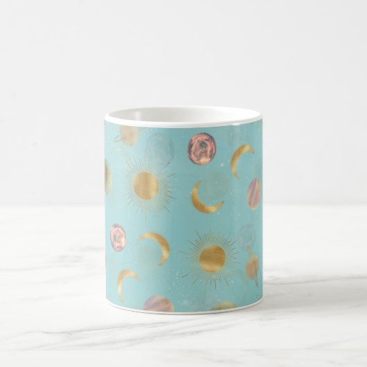 Gold Sun Moon Planets Space Blue Illustration Kaffeetasse (Mittel)