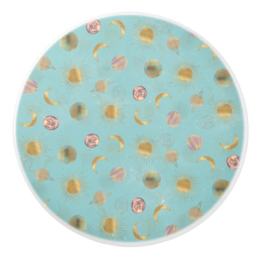 Gold Sun Moon Planets Space Blue Illustration Keramikknauf (Vorderseite)