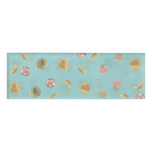 Gold Sun Moon Planets Space Blue Illustration Namenschild (Vorderseite)