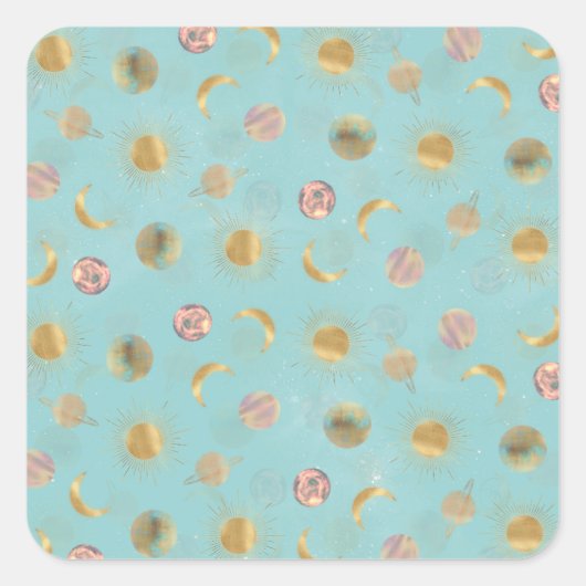 Gold Sun Moon Planets Space Blue Illustration Quadratischer Aufkleber (Vorderseite)