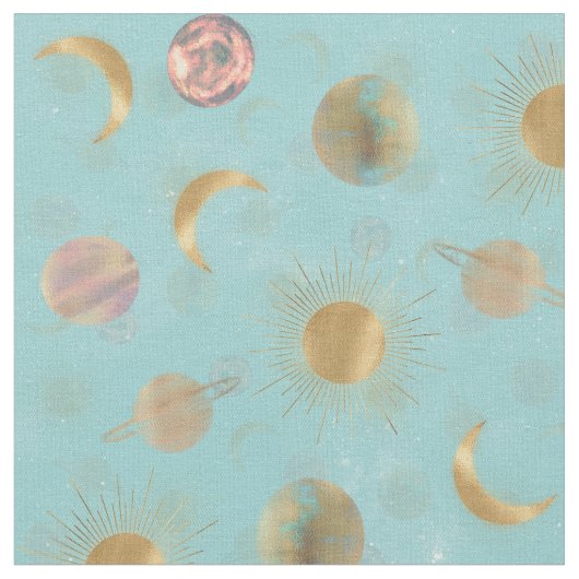 Gold Sun Moon Planets Space Blue Illustration Stoff (Nahaufnahme)