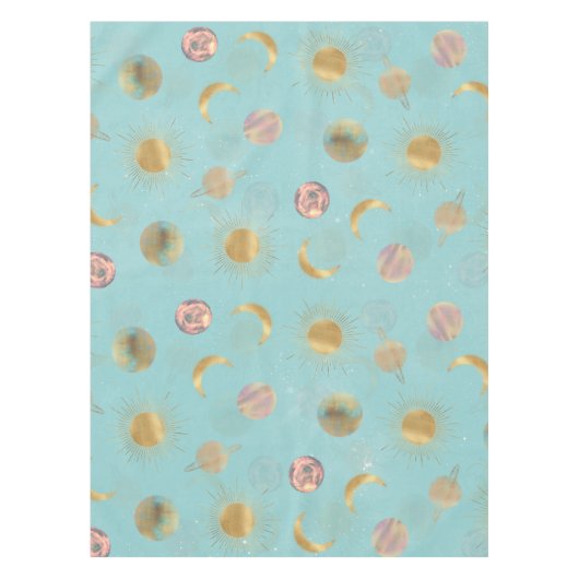Gold Sun Moon Planets Space Blue Illustration Tischdecke (Vorderseite)