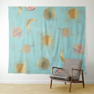 Gold Sun Moon Planets Space Blue Illustration Wandteppich