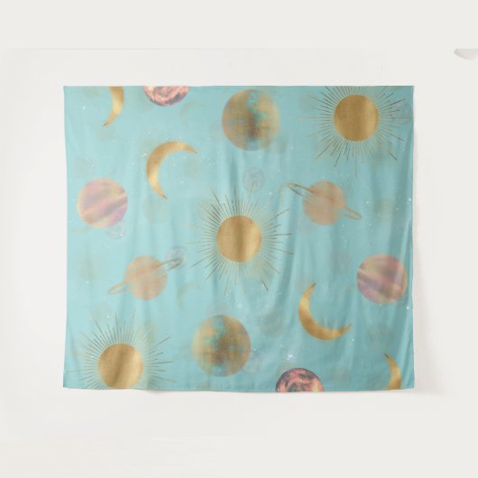 Gold Sun Moon Planets Space Blue Illustration Wandteppich (Vorderseite (Horizontal))