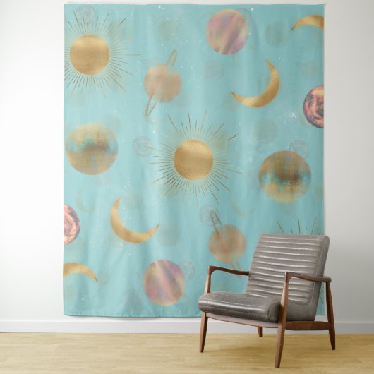 Gold Sun Moon Planets Space Blue Illustration Wandteppich (Beispiel)