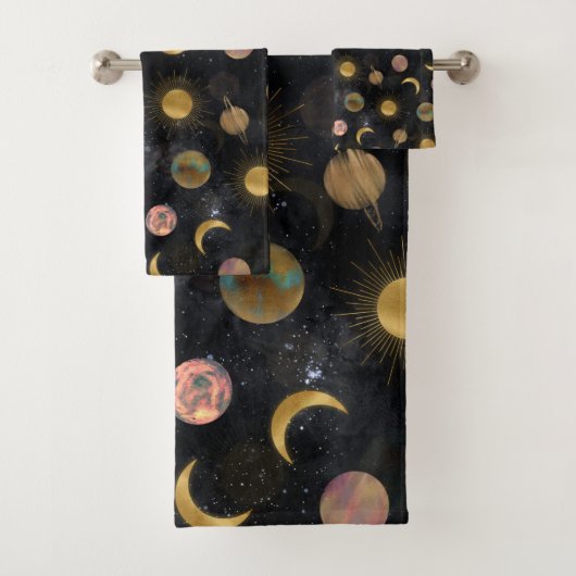 Gold Sun Moon Planets Space Illustration Badhandtuch Set (Insitu)