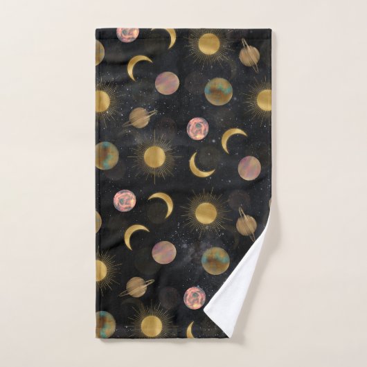 Gold Sun Moon Planets Space Illustration Badhandtuch Set (Handtuch)