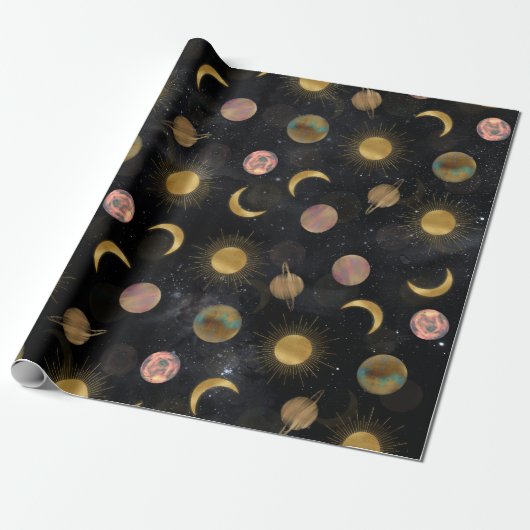 Gold Sun Moon Planets Space Illustration Geschenkpapier (Ungerollt)