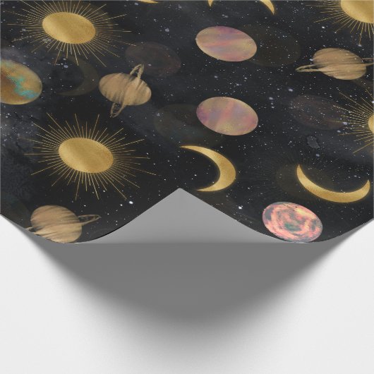 Gold Sun Moon Planets Space Illustration Geschenkpapier (Ecke)