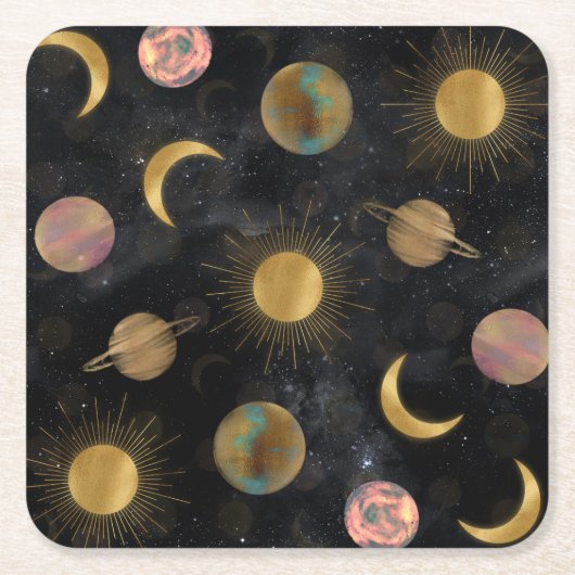 Gold Sun Moon Planets Space Illustration Rechteckiger Pappuntersetzer (Vorderseite)