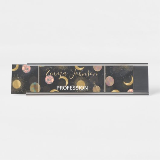 Gold Sun Moon Planets Space Illustration Schreibtischnamensplakette (Vorderseite )