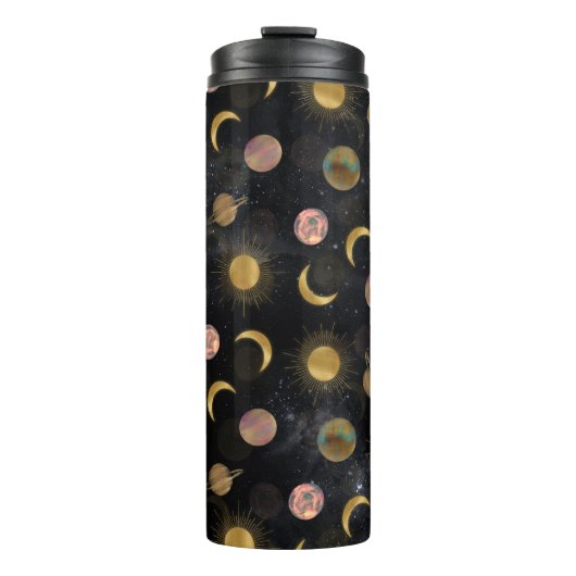 Gold Sun Moon Planets Space Illustration Thermosbecher (Vorderseite)