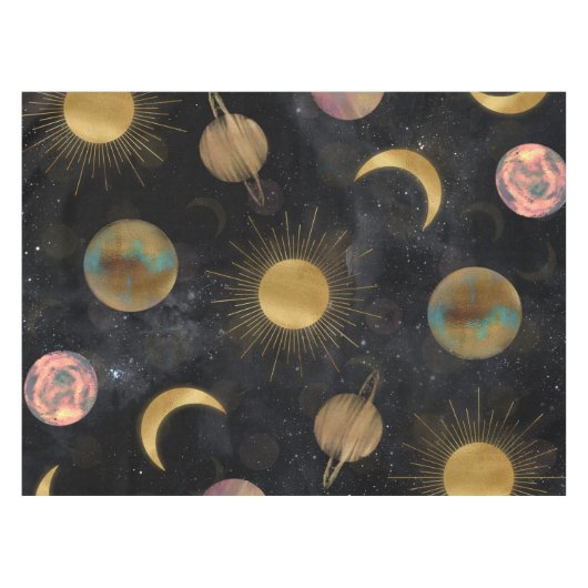 Gold Sun Moon Planets Space Illustration Tischdecke (Vorderseite (Horizontal))