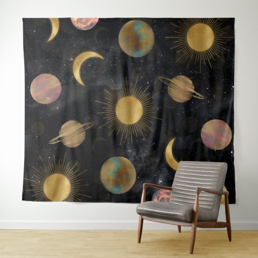 Gold Sun Moon Planets Space Illustration Wandteppich (Beispiel (Horizontal))