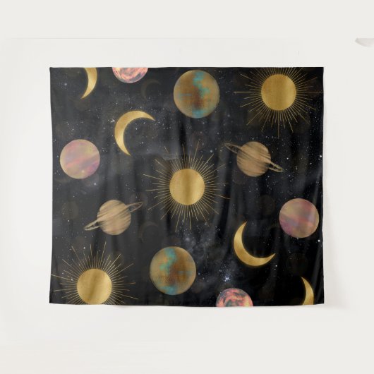 Gold Sun Moon Planets Space Illustration Wandteppich (Vorderseite (Horizontal))
