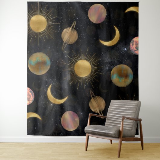 Gold Sun Moon Planets Space Illustration Wandteppich (Beispiel)