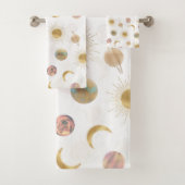 Gold Sun Moon Planets Space White Illustration Badhandtuch Set (Insitu)