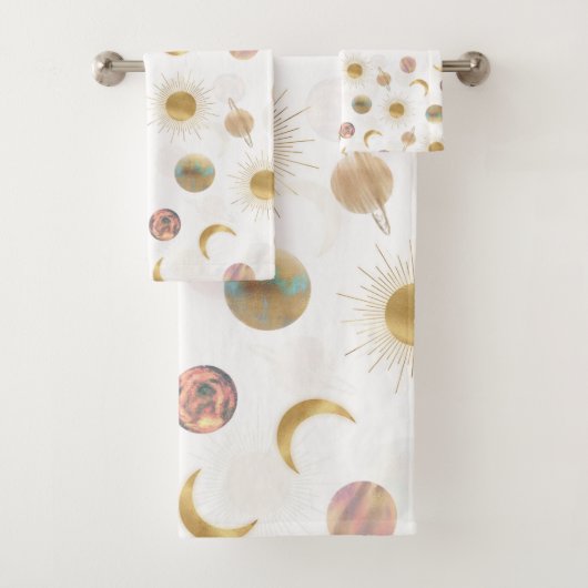 Gold Sun Moon Planets Space White Illustration Badhandtuch Set (Insitu)