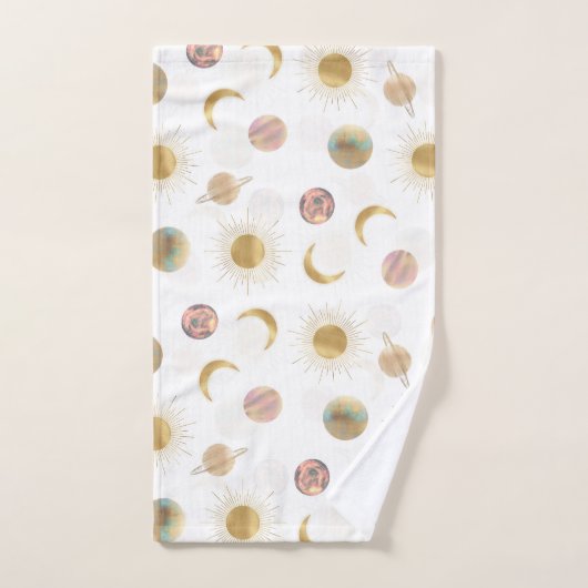 Gold Sun Moon Planets Space White Illustration Badhandtuch Set (Handtuch)