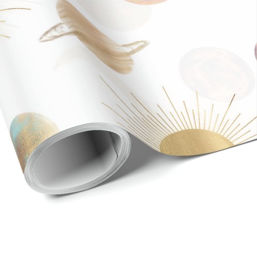 Gold Sun Moon Planets Space White Illustration Geschenkpapier (Rolleneckpunkt)