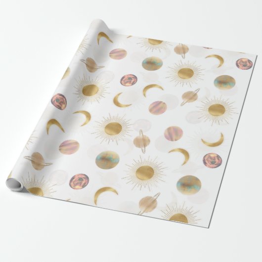 Gold Sun Moon Planets Space White Illustration Geschenkpapier (Ungerollt)