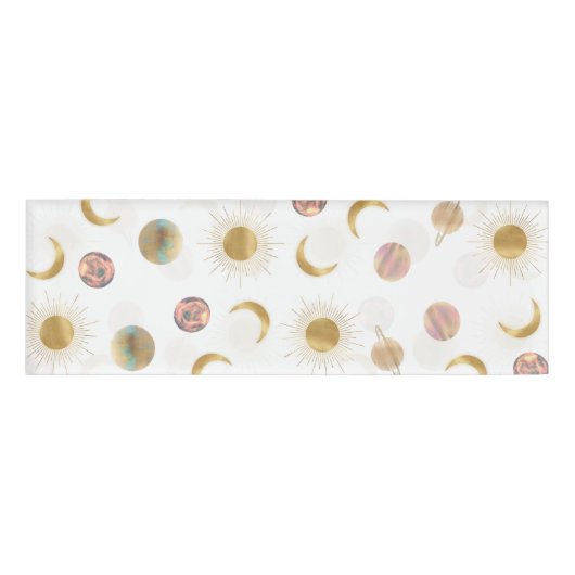 Gold Sun Moon Planets Space White Illustration Namenschild (Vorderseite)