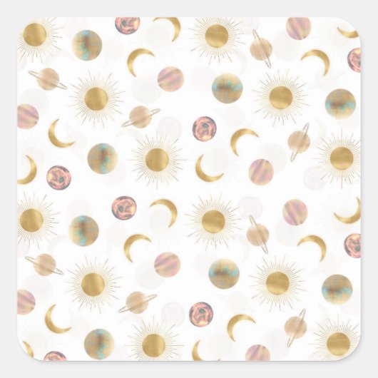 Gold Sun Moon Planets Space White Illustration Quadratischer Aufkleber (Vorderseite)