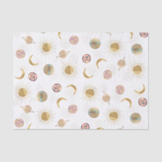 Gold Sun Moon Planets Space White Illustration Seidenpapier (Vorderseite)