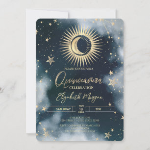 Gold Sun, Moon, Stars Night Sky Quinceanera Einladung