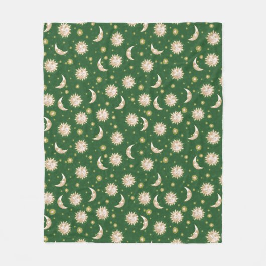 Gold Sun und Mond auf Forest Green Fleecedecke (Vorderseite)