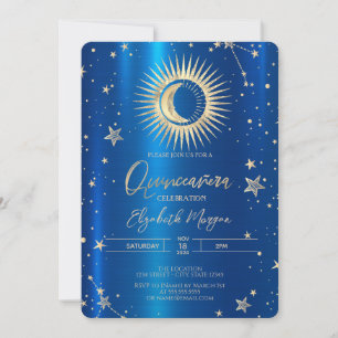 Gold Sun und Moon Stars Blue Metallic Quinceanera Einladung