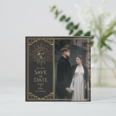 Gold Sun und Moon Tarot Card Foto Save the Date Einladung (Stehend Vorderseite)