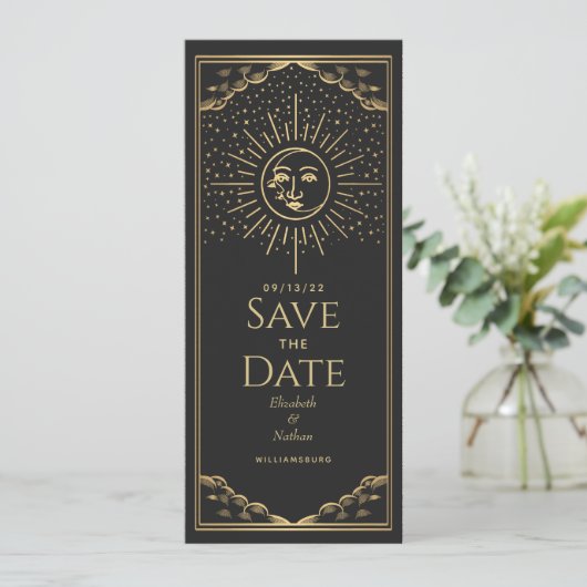 Gold Sun- und MoonTarot-Karte Save the Date Einladung (Stehend Vorderseite)
