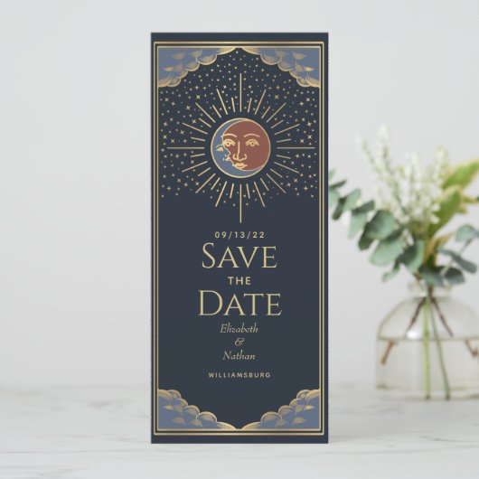 Gold Sun- und MoonTarot-Karte Save the Date Einladung (Stehend Vorderseite)