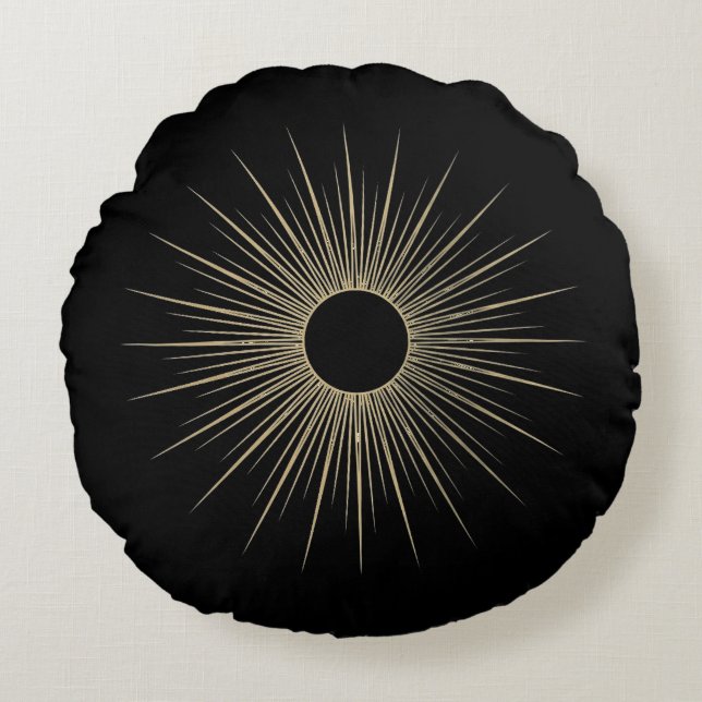 Gold Sunburst Black Minimal Round Throw Pillow Rundes Kissen (Vorderseite)