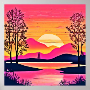 Gold Sunset Over Pink Lake Festival Poster