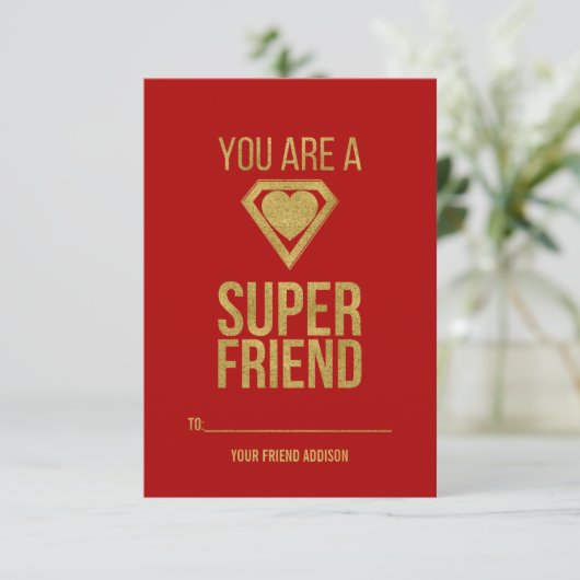 Gold Superheld Friend Classroom Valentine Card Rot Einladung (Stehend Vorderseite)