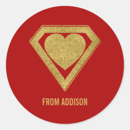 Gold Superhero Friend Valentine Sticker Red