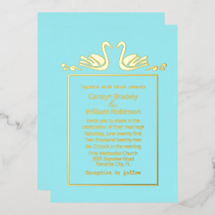 Gold Swans Aqua Wedding Foil Einladung