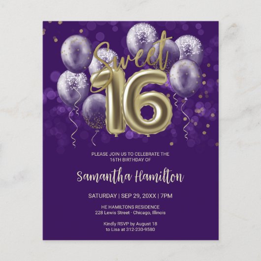 Gold Sweet 16 Balloons Lila Budge Einladung (Vorderseite)