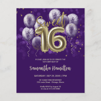 Gold Sweet 16 Balloons Lila Budge Einladung