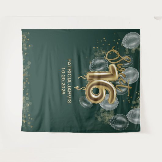 Gold Sweet 16 Balloons Smaragdgrüner Hintergrund Wandteppich (Vorderseite (Horizontal))